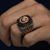 Kırmızı Taşlı Ayyıldız Desenli 925 Gümüş Erkek Yüzük thumbnail 6