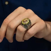 Elif Vav Harfli Sarı Taşlı 925 Gümüş Erkek Yüzük thumbnail 4