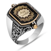 Çift Taraflı İsimli Siyah Mineli 925 Gümüş Erkek Yüzük thumbnail 4