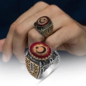 Kırmızı Taşlı Ayyıldız Desenli 925 Gümüş Erkek Yüzük thumbnail 1