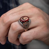 Ayyıldız Kırmızı Taşlı 925 Gümüş Erkek Yüzük thumbnail 3