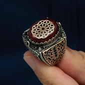 Kırmızı Taşlı Desenli 925 Gümüş Erkek Yüzük - 5