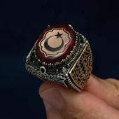 Kırmızı Taşlı Ayyıldız Desenli 925 Gümüş Erkek Yüzük thumbnail 7