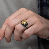 Sarı Taşlı Pençeli Harfli 925 Gümüş Erkek Yüzük thumbnail 5