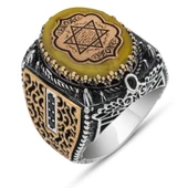 Süleyman Mührü Sarı Taşlı 925 Gümüş Erkek Yüzük thumbnail 2