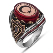 Ayyıldız Kırmızı Taşlı 925 Gümüş Erkek Yüzük thumbnail 2