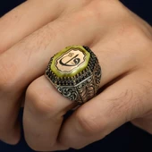 Elif Vav Harfli Sarı Taşlı 925 Gümüş Erkek Yüzük thumbnail 3