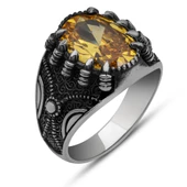 Sarı Taşlı Pençeli Harfli 925 Gümüş Erkek Yüzük thumbnail 2