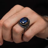 Parlament Mavisi Taşlı 925 Gümüş Erkek Yüzük - 6