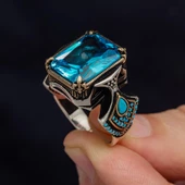 Kare Aqua Mavi Taşlı 925 Gümüş Erkek Yüzük thumbnail 5