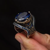 Parlament Mavisi Taşlı 925 Gümüş Erkek Yüzük - 7