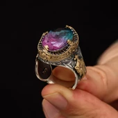 Turmolin Taşlı 925 Gümüş Erkek Yüzük - 4