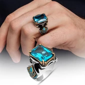 Kare Aqua Mavi Taşlı 925 Gümüş Erkek Yüzük thumbnail 1