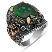 Yeşil Taşlı Oval 925 Gümüş Erkek Yüzük thumbnail 2