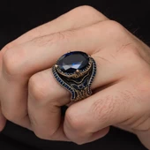 Parlament Mavisi Taşlı 925 Gümüş Erkek Yüzük - 8