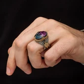 Turmolin Taşlı 925 Gümüş Erkek Yüzük - 6