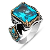 Kare Aqua Mavi Taşlı 925 Gümüş Erkek Yüzük thumbnail 2