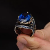 Parlament Mavisi Taşlı 925 Gümüş Erkek Yüzük - 5