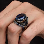 Parlament Mavisi Taşlı 925 Gümüş Erkek Yüzük - 3