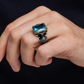 Kare Aqua Mavi Taşlı 925 Gümüş Erkek Yüzük thumbnail 7