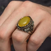 Sarı Akik Taşlı 925 Gümüş Erkek Yüzük thumbnail 5