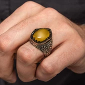 Sarı Akik Taşlı Kakma Oyma Motif 925 Gümüş Erkek Yüzük thumbnail 3