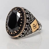 Siyah Taşlı Harfli 925 Gümüş Erkek Yüzük thumbnail 5