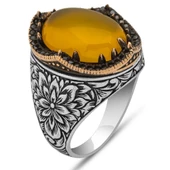 Sarı Akik Taşlı Kakma Oyma Motif 925 Gümüş Erkek Yüzük thumbnail 2