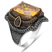 Sarı Sitrin Taşlı 925 Gümüş Erkek Yüzük - 2