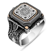 Süleyman Mührü Kare Desenli 925 Gümüş Erkek Yüzük thumbnail 2