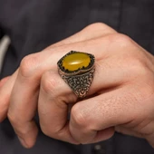 Sarı Akik Taşlı Kakma Oyma Motif 925 Gümüş Erkek Yüzük thumbnail 6
