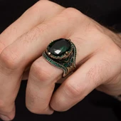 Yeşil Taşlı Oval 925 Gümüş Erkek Yüzük - 3