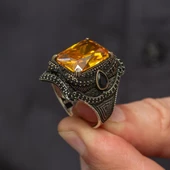 Sarı Sitrin Taşlı 925 Gümüş Erkek Yüzük - 5