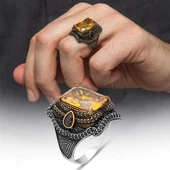 Sarı Sitrin Taşlı 925 Gümüş Erkek Yüzük - 1