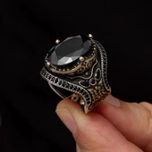 Siyah Taşlı Oval 925 Gümüş Erkek Yüzük - 7