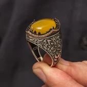 Sarı Akik Taşlı Kakma Oyma Motif 925 Gümüş Erkek Yüzük thumbnail 5