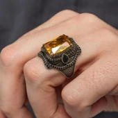 Sarı Sitrin Taşlı 925 Gümüş Erkek Yüzük - 3