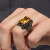 Sarı Sitrin Taşlı 925 Gümüş Erkek Yüzük - 7