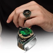 Yeşil Taşlı Oval 925 Gümüş Erkek Yüzük - 1