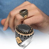 Siyah Taşlı Harfli 925 Gümüş Erkek Yüzük thumbnail 1