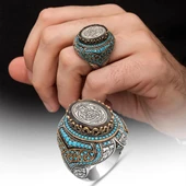 La Galibe İllallah Hat Yazılı Mavi Taşlı Gümüş Erkek Yüzük thumbnail 1