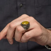 Sarı Akik Taşlı 925 Gümüş Erkek Yüzük thumbnail 4