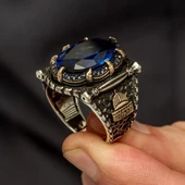 Parlament Mavi Taşlı Kubbetüs Sahre Motifli 925 Gümüş Erkek Yüzük thumbnail 7