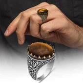 Kaplan Gözü Taşlı Oyma Motifli 925 Gümüş Yüzük thumbnail 1