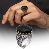 Siyah Oniks Taşlı Oyma Motifli 925 Gümüş Yüzük thumbnail 1