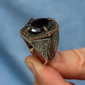 Siyah Taşlı Oval 925 Gümüş Erkek Yüzük thumbnail 5