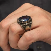 Parlament Mavi Taşlı Kubbetüs Sahre Motifli 925 Gümüş Erkek Yüzük thumbnail 4