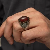 Akik Taşlı Kakma Oyma Motif 925 Gümüş Erkek Yüzük thumbnail 6