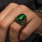 Yeşil Kaplan Gözü Taşlı 925 Gümüş Erkek Yüzük thumbnail 7