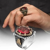 Kırmızı Taşlı Kubbetüs Sahre Motifli 925 Gümüş Erkek Yüzük thumbnail 1